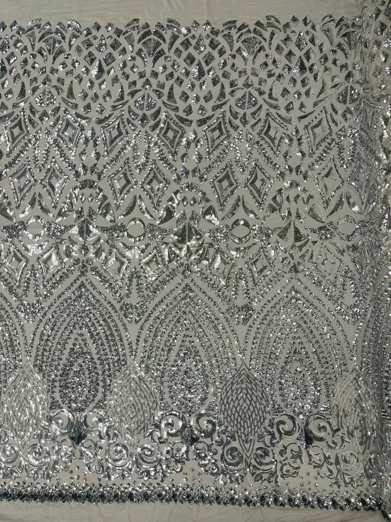 Geometric Design Fabric - Silver - 4 Way Stretch Embroidered Design Sequins Fabric By Yard