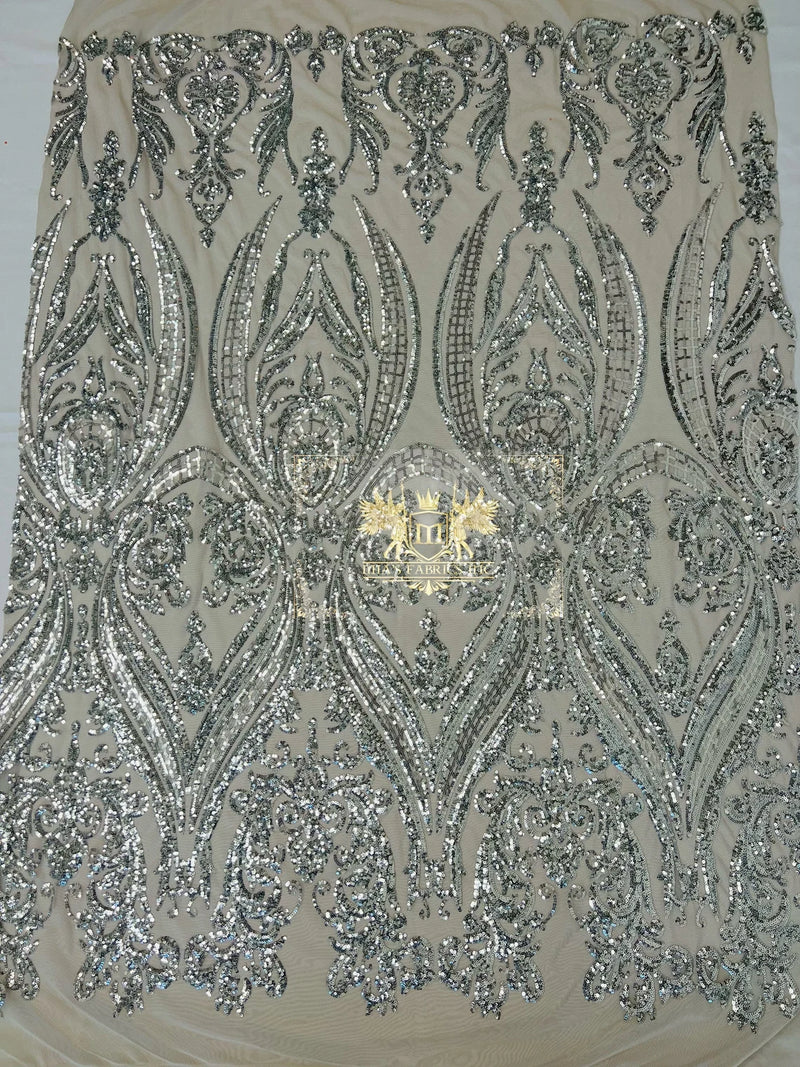 Damask Sequins - Silver - Damask Sequin Design on 4 Way Stretch Fabric By Yard