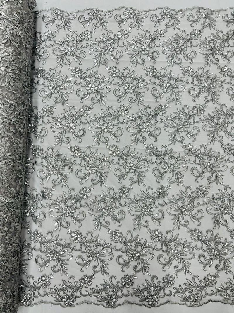 Small Flower Plant Fabric - Silver - Floral Embroidered Design on Lace Mesh By Yard