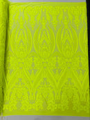 Damask Sequins - Neon Yellow - Damask Sequin Design on 4 Way Stretch Fabric By Yard