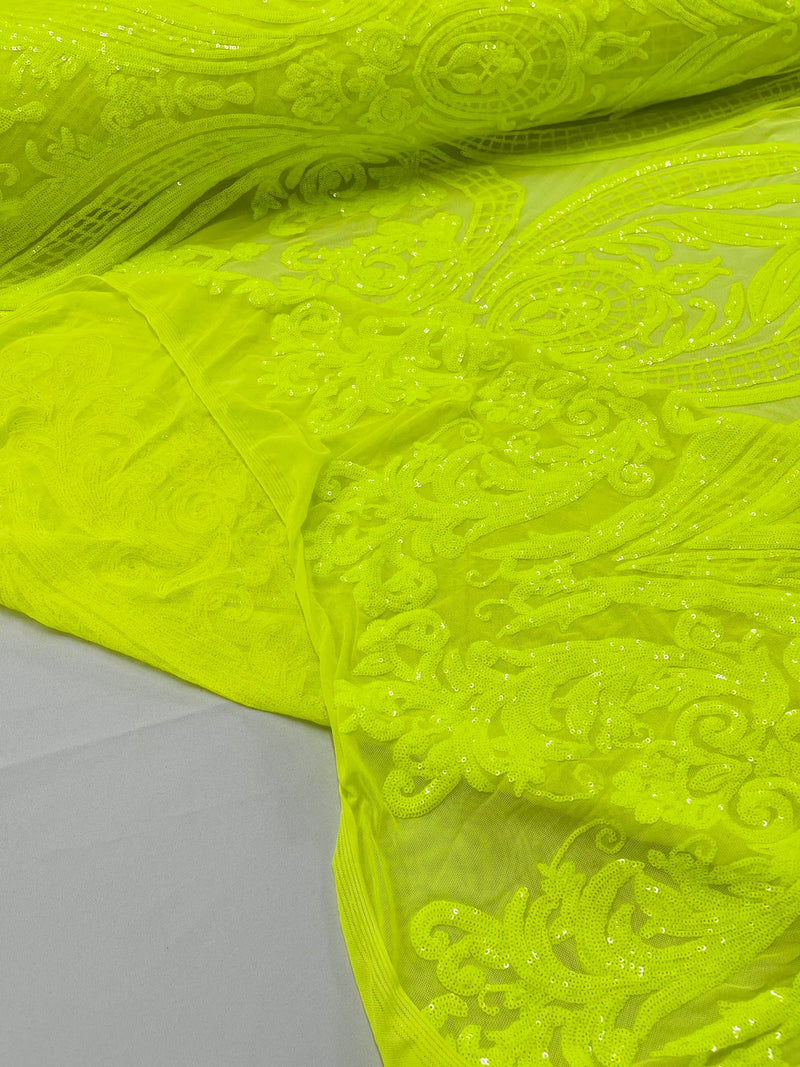 Damask Sequins - Neon Yellow - Damask Sequin Design on 4 Way Stretch Fabric By Yard