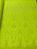 Damask Sequins - Neon Yellow - Damask Sequin Design on 4 Way Stretch Fabric By Yard