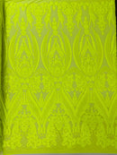 Damask Sequins - Neon Yellow - Damask Sequin Design on 4 Way Stretch Fabric By Yard
