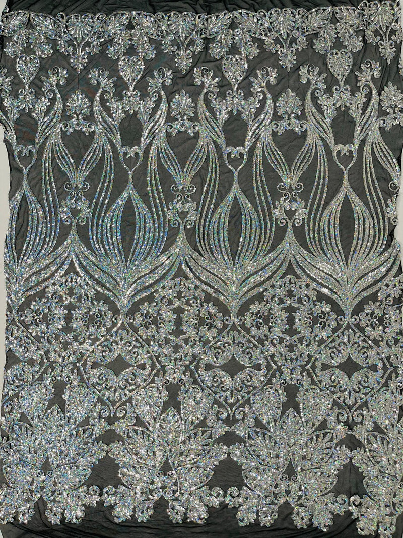 Damask Small Heart Design - Silver Holographic - Floral Heart Design Sequins on Mesh By Yard