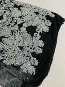 Damask Small Heart Design - Silver Holographic - Floral Heart Design Sequins on Mesh By Yard