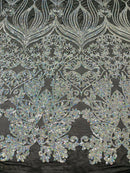 Damask Small Heart Design - Silver Holographic - Floral Heart Design Sequins on Mesh By Yard
