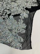 Damask Small Heart Design - Silver Holographic - Floral Heart Design Sequins on Mesh By Yard