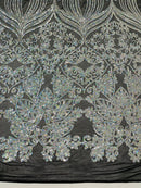 Damask Small Heart Design - Silver Holographic - Floral Heart Design Sequins on Mesh By Yard