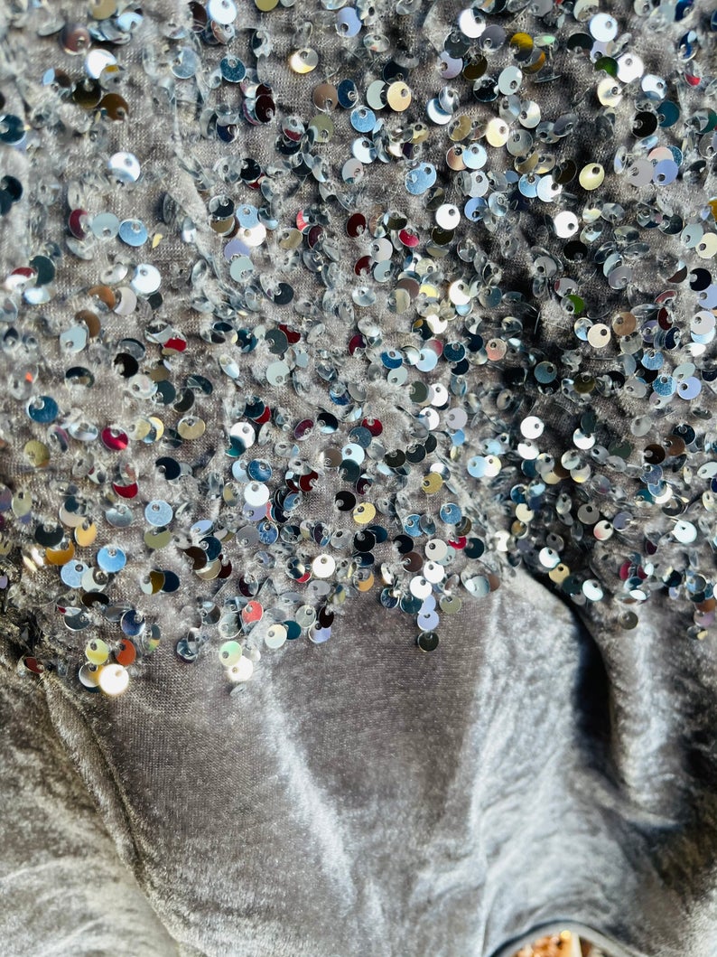 Silver Sequins on Gray Stretch Velvet 2-way Stretch 58/60”By The Yard