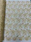 Small Flower Plant Fabric - Taupe - Floral Embroidered Design on Lace Mesh By Yard