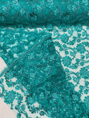 Floral Embroidered Lace - Teal - Floral Corded Lace With Sequins Sold By Yard