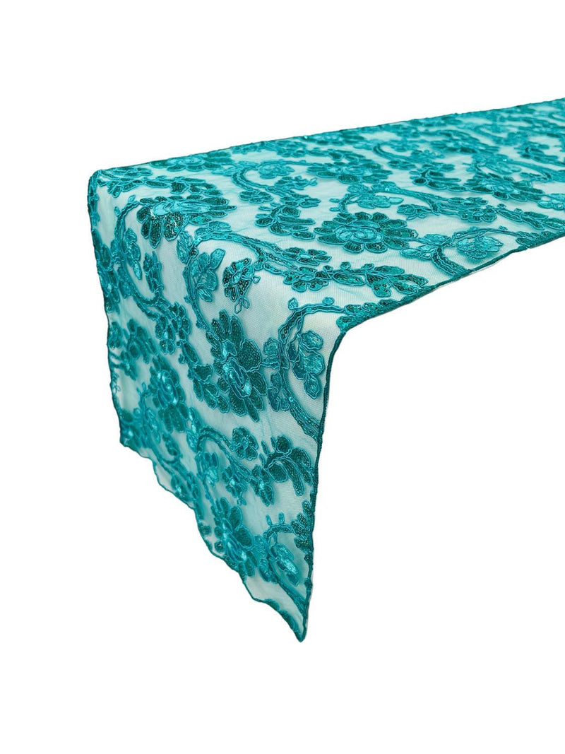 Floral Lace Table Runner - Teal - 12" x 90" Sequins Floral Lace Table Runner