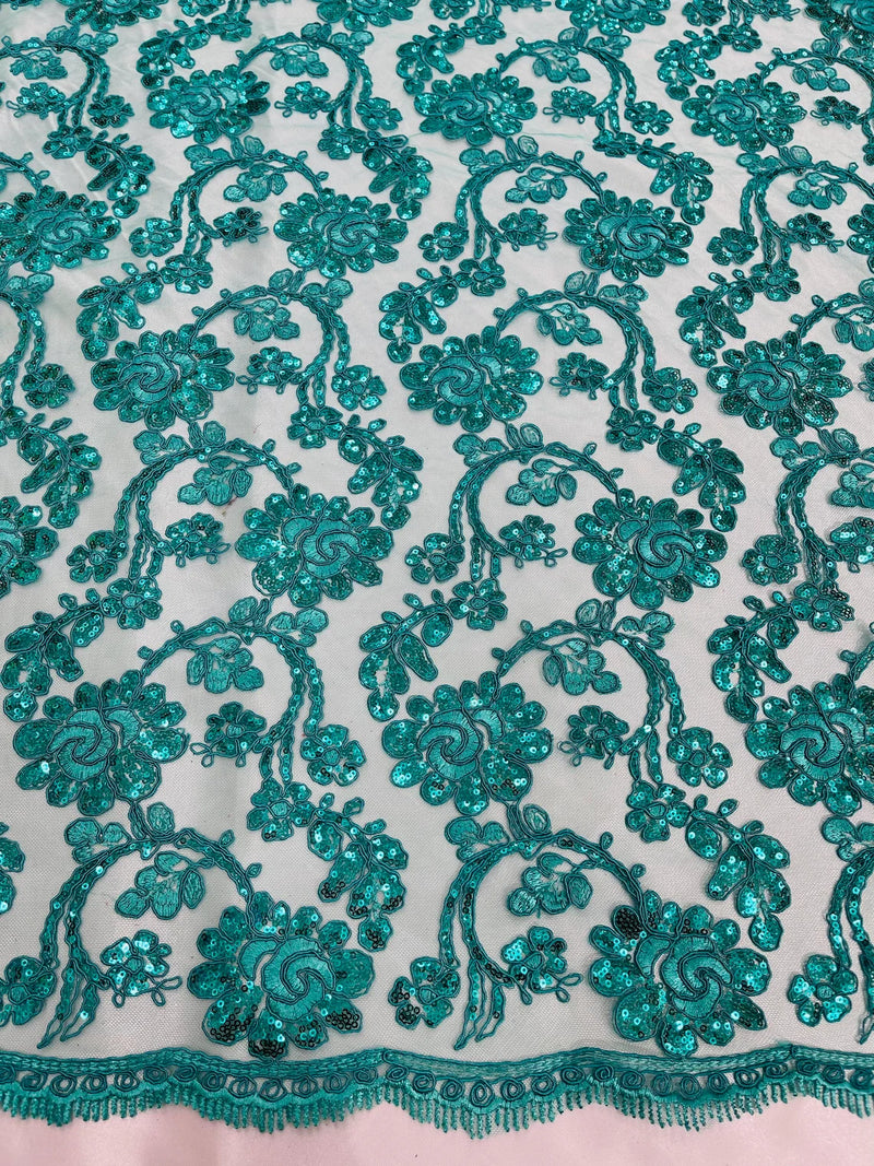 Floral Embroidered Lace - Teal - Floral Corded Lace With Sequins Sold By Yard