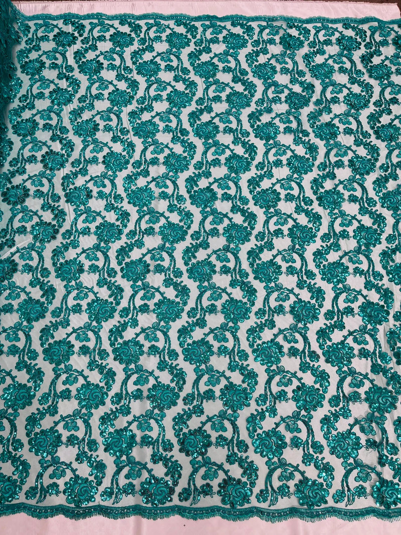 Floral Embroidered Lace - Teal - Floral Corded Lace With Sequins Sold By Yard