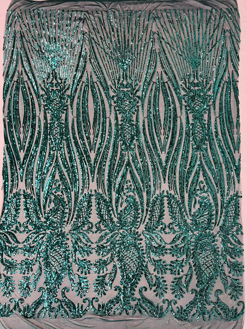 Paisley Lines Sequin Fabric - Teal Green - 4 Way Stretch Fancy Fabric By The Yard