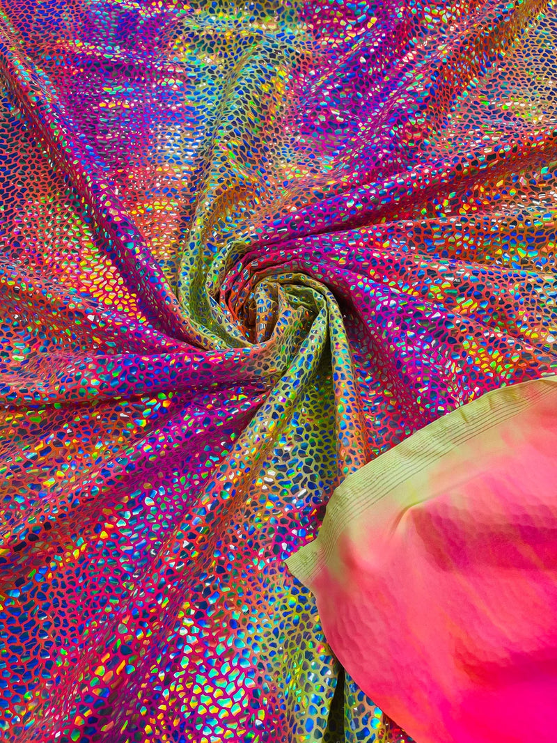 Dragon Scales Foil Fabric - Tie Dye Fuchsia / Yellow - Foiled Dragon Design on Tie Dye Spandex Fabric