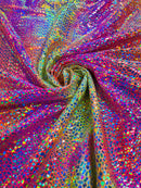 Dragon Scales Foil Fabric - Tie Dye Fuchsia / Yellow - Foiled Dragon Design on Tie Dye Spandex Fabric