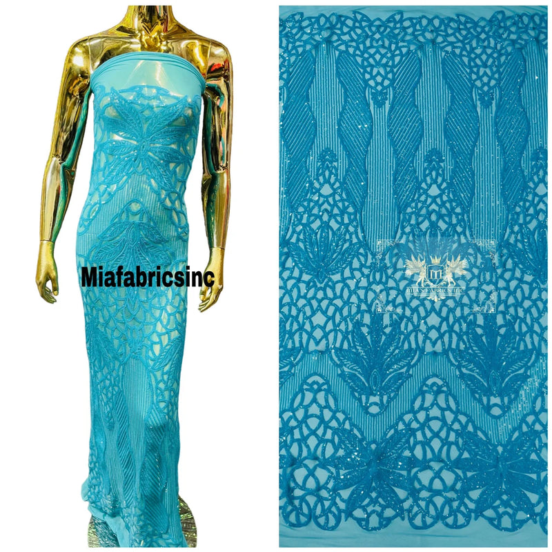 Floral Star Leaf Design - Turquoise - 4 Way Stretch Sequin Floral Design on Mesh By Yard