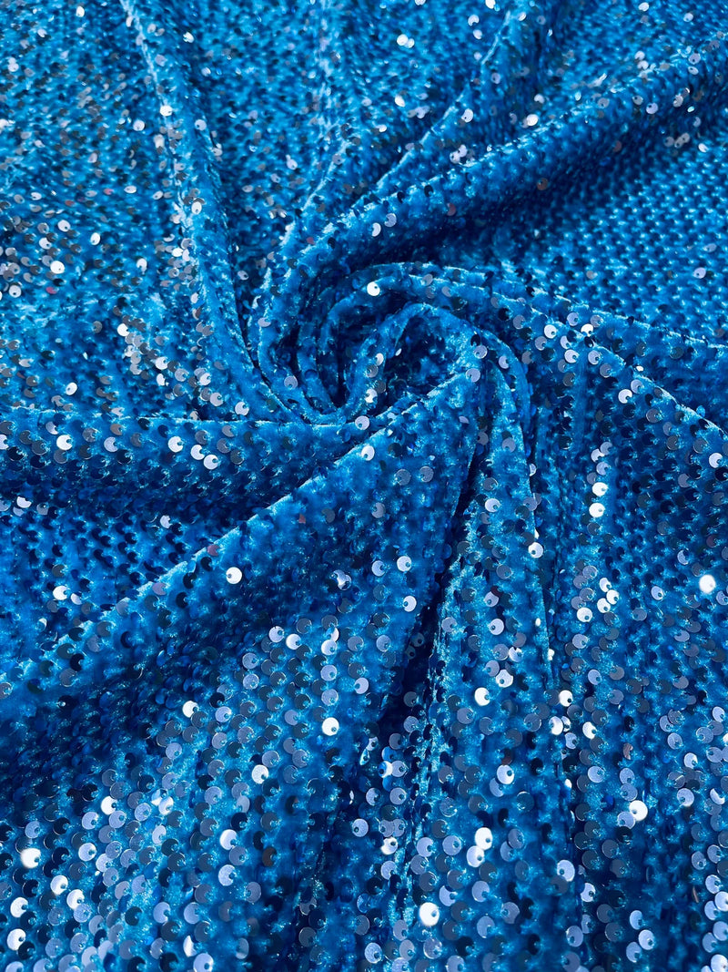 58/60" Velvet Sequins Stretch Fabric - Turquoise - Velvet Sequins 2 Way Stretch Sold By Yard