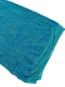 Long Wavy Line Design Sequins - Turquoise - 4 Way Stretch Sequin Design on Mesh Fabric By Yard