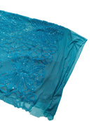 Floral Star Leaf Design - Turquoise - 4 Way Stretch Sequin Floral Design on Mesh By Yard