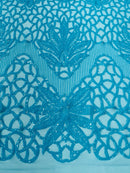 Floral Star Leaf Design - Turquoise - 4 Way Stretch Sequin Floral Design on Mesh By Yard