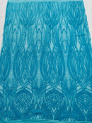 Long Wavy Line Design Sequins - Turquoise - 4 Way Stretch Sequin Design on Mesh Fabric By Yard