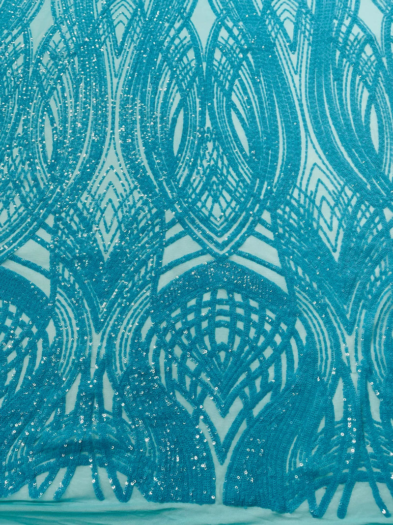 Long Wavy Line Design Sequins - Turquoise - 4 Way Stretch Sequin Design on Mesh Fabric By Yard