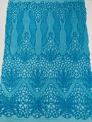 Floral Star Leaf Design - Turquoise - 4 Way Stretch Sequin Floral Design on Mesh By Yard