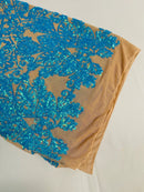 Damask Small Heart Design - Iridescent  Turquoise - Floral Heart Design Sequins on Mesh By Yard