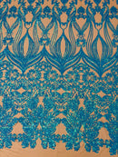 Damask Small Heart Design - Iridescent  Turquoise - Floral Heart Design Sequins on Mesh By Yard