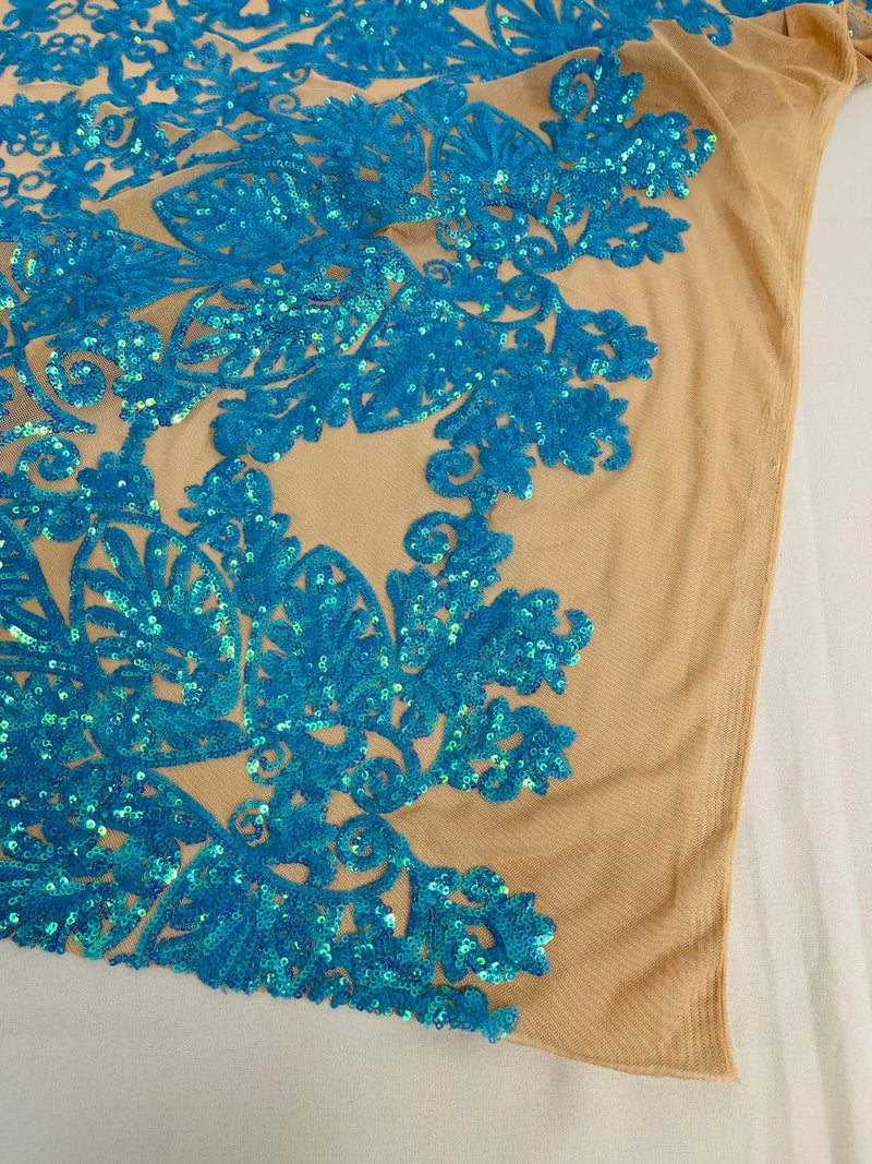 Damask Small Heart Design - Iridescent  Turquoise - Floral Heart Design Sequins on Mesh By Yard