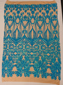 Damask Small Heart Design - Iridescent  Turquoise - Floral Heart Design Sequins on Mesh By Yard