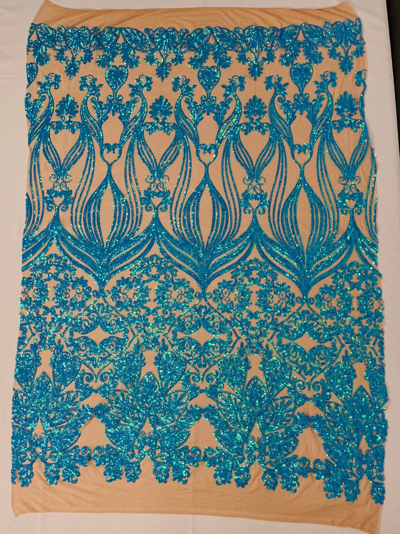 Damask Small Heart Design - Iridescent  Turquoise - Floral Heart Design Sequins on Mesh By Yard