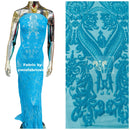 Big Damask Sequins - Turquoise - Damask Sequin Design on 4 Way Stretch Fabric By Yard