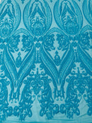 Big Damask Sequins - Turquoise - Damask Sequin Design on 4 Way Stretch Fabric By Yard