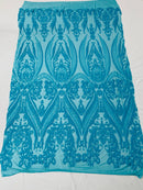 Big Damask Sequins - Turquoise - Damask Sequin Design on 4 Way Stretch Fabric By Yard