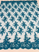 Floral Cluster Lace Fabric - Turquoise - Embroidered Flowers With Sequins on a Mesh Lace Fabric Sold By Yard