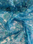 Holographic Floral Lace - Turquoise - Flower Sequins Lace Design w/ Metallic Thread by Yard
