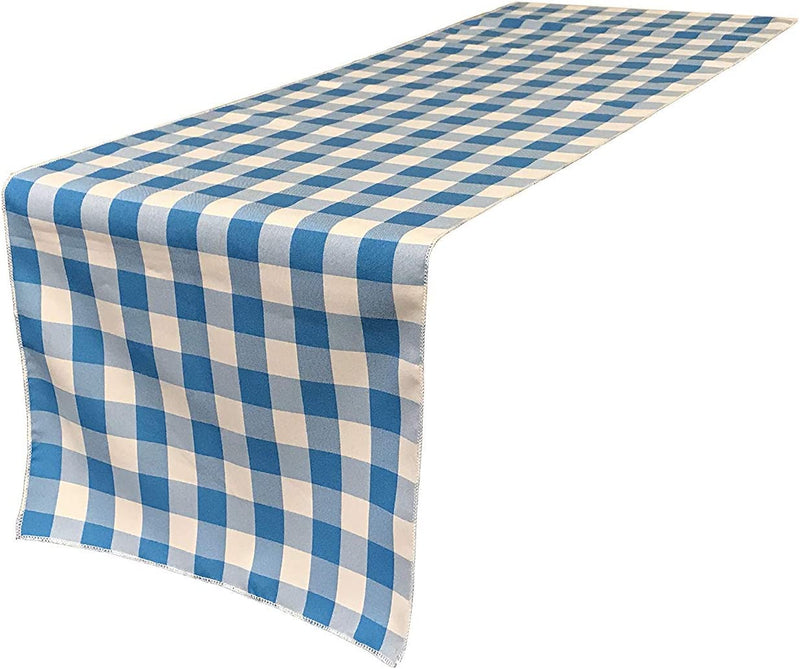 12" Checkered Table Runner - Turquoise / White - Plaid Polyester Poplin Checkered Table Runner