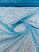 Foil Star Sheer Organza - Silver On Turquoise - 60" Sheer Silver Star Organza Fabric Sold By Yard