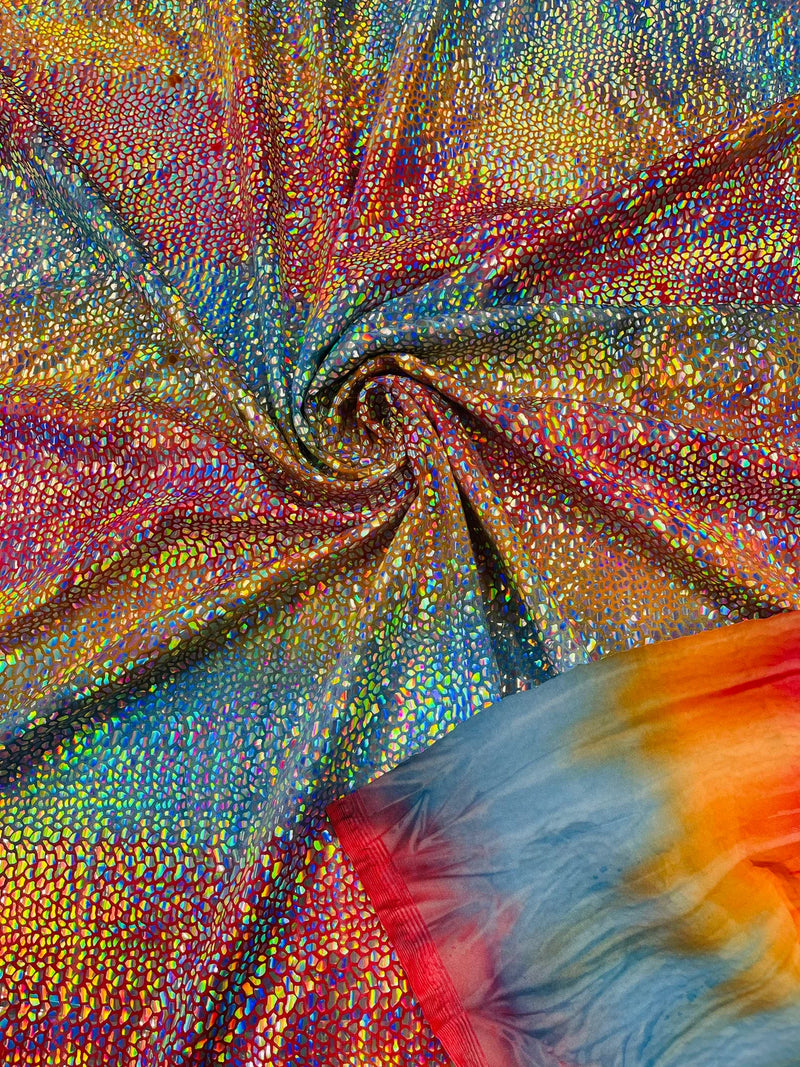 Dragon Scales Foil Fabric - Tie Dye Rainbow - Foiled Dragon Design on Tie Dye Spandex Fabric
