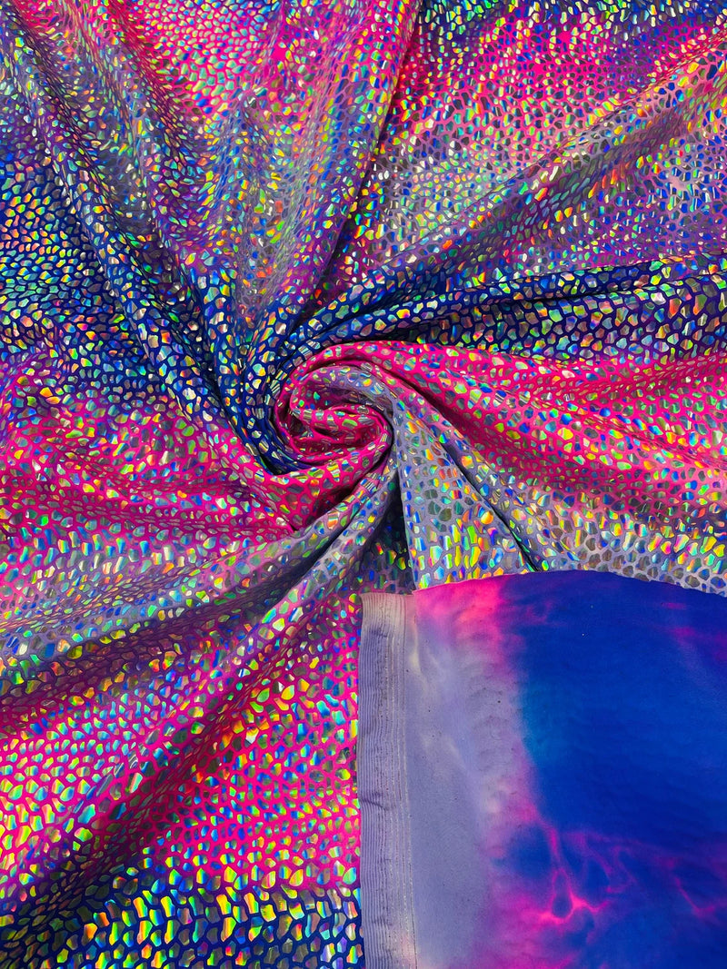 Dragon Scales Foil Fabric - Tie Dye Fuchsia / Purple  - Foiled Dragon Design on Tie Dye Spandex Fabric