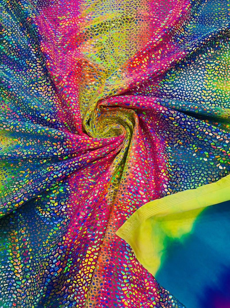 Dragon Scales Foil Fabric - Tie Dye Fuchsia / Yellow / Blue - Foiled Dragon Design on Tie Dye Spandex Fabric