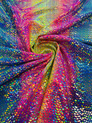 Dragon Scales Foil Fabric - Tie Dye Fuchsia / Yellow / Blue - Foiled Dragon Design on Tie Dye Spandex Fabric