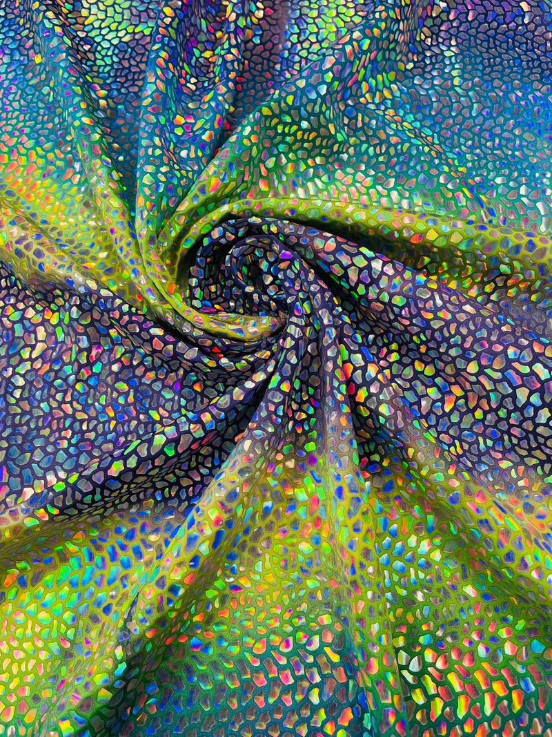 Dragon Scales Foil Fabric - Tie Dye Green / Blue / Purple - Foiled Dragon Design on Tie Dye Spandex Fabric