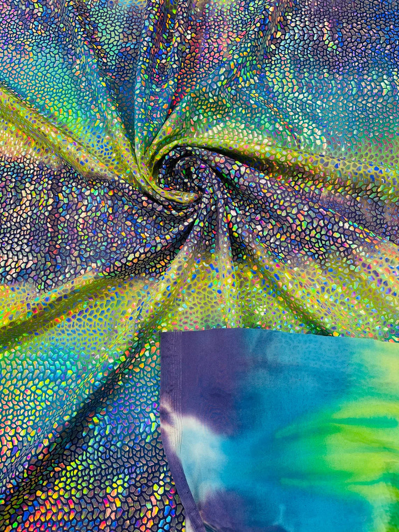 Dragon Scales Foil Fabric - Tie Dye Green / Blue / Purple - Foiled Dragon Design on Tie Dye Spandex Fabric