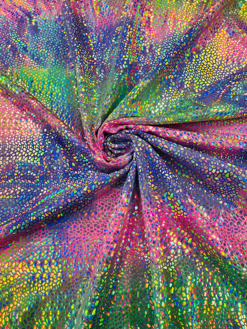 Dragon Scales Foil Fabric - Tie Dye Purple / Pink / Green - Foiled Dragon Design on Tie Dye Spandex Fabric