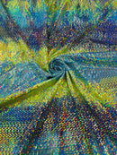 Dragon Scales Foil Fabric - Tie Dye Turquoise / Green / Blue - Foiled Dragon Design on Tie Dye Spandex Fabric