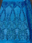 Triangle Pattern Sequins - Turquoise - 4 Way Stretch Fabric Sequins Geometric Design  By Yard